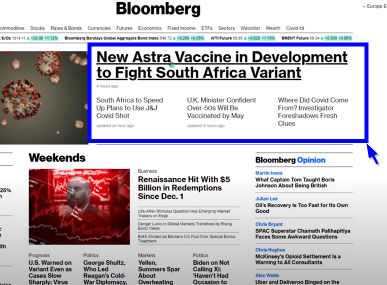 Bloomberg main headline title: "New Astra Vaccine in Development to Fight South Africa Variant"
