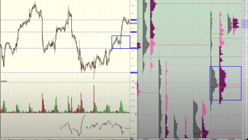 Market Profile Of Gold with two charts. One on the left. Second on right.
