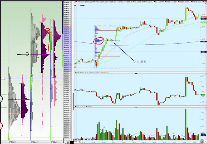DAX cut and reverse trade example showing volume profile with P shape profile and chart profile with agressive trending price action