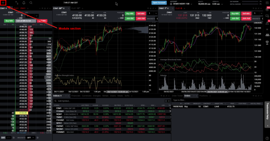 Overview of a Tradovate platform. On the left is DOM, next to it two charting modules and below, ticker screen with symbols and P&L.